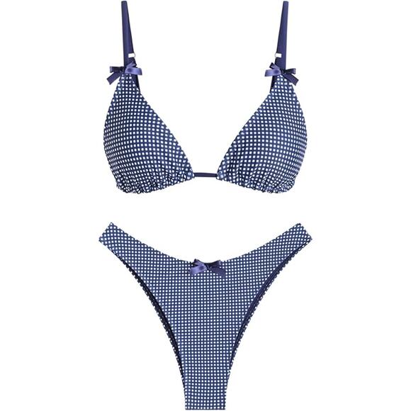 Seamoly Womens Small Gingham Tie Back Two Piece Thong Triangle Bikini Swimsuit - Picture 1 of 4